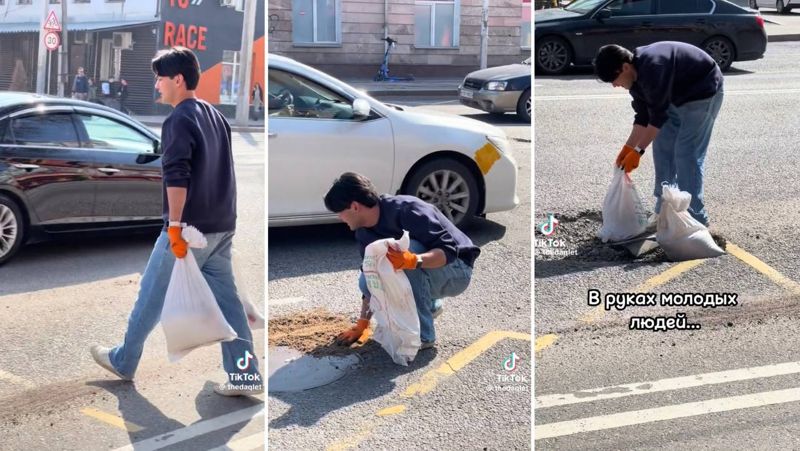 Накипело: блогер залатал ямы на дорогах Алматы 