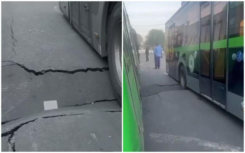 Два автобуса провалились в просевший асфальт на улице Яссауи в Алматы