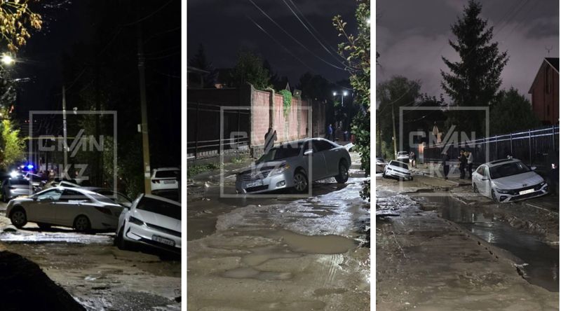 13 автомобилей провалились в ямы после дождя в Алматы