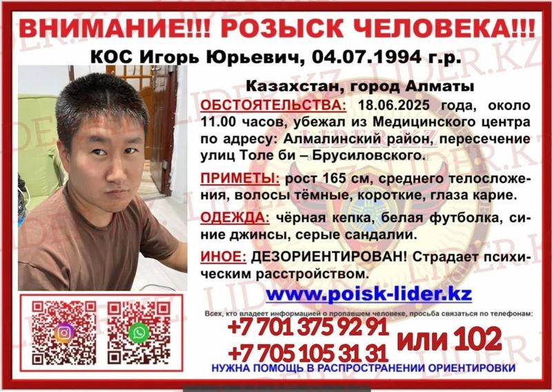 Пациент с психическим расстройством сбежал из медцентра в Алматы