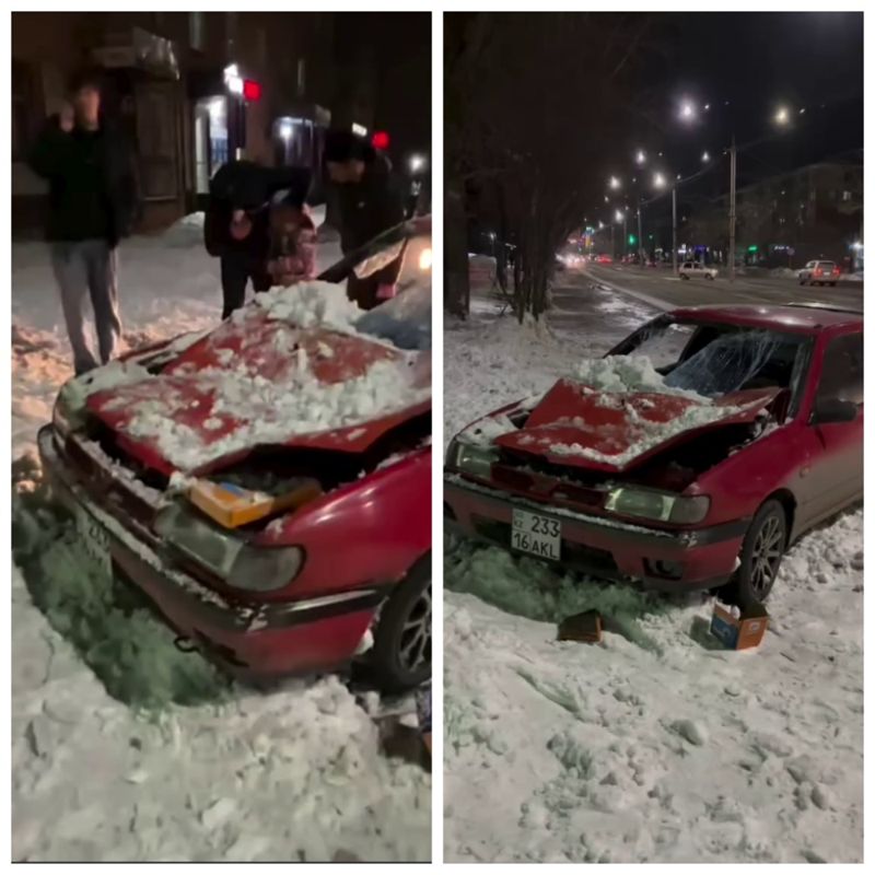 Глыба снега рухнула с крыши на автомобиль в Усть-Каменогорске
