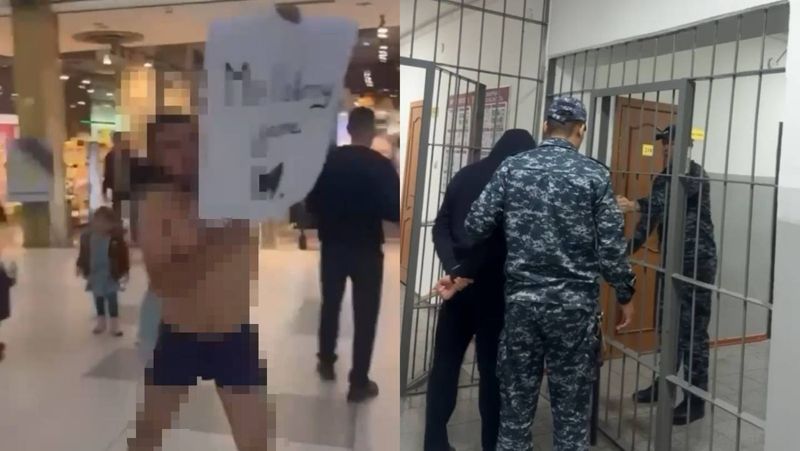 Мужчина в трусах и с плакатом бегал по торговому центру в Астане