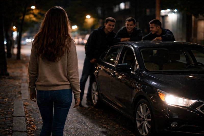 парни стоят у машины и ждут девочку