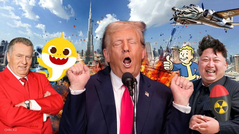 Мем-коллаж: на фоне Дубая с небоскрёбом и взрывами