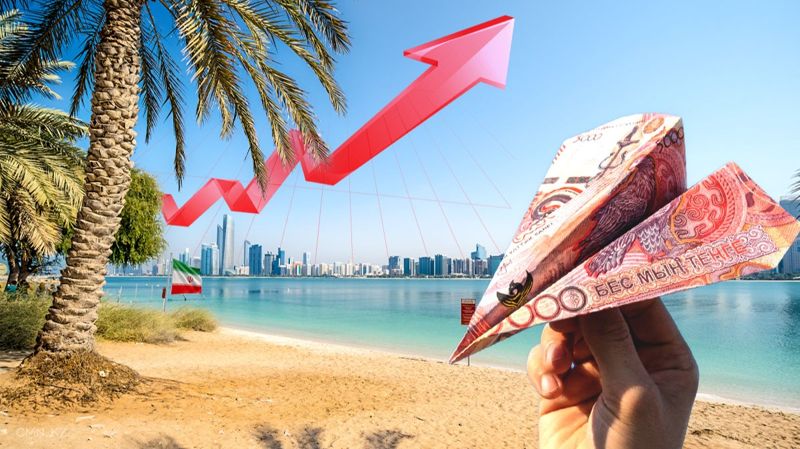 Денежный самолёт на фоне с флагом Ирана, намекающий на возросшие цены на туры в Азию в связи с конфликтом на Ближнем Востоке