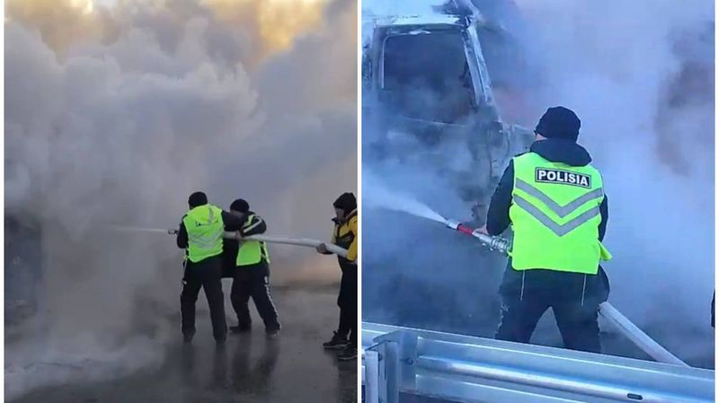 Полицейские два часа тушили загоревшийся грузовик на трассе 