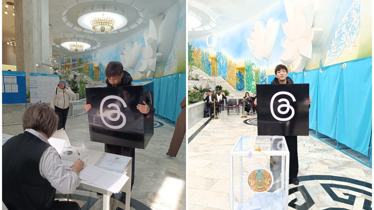 Человек в костюме Threads пришёл голосовать в Алматы и сделал мем живым